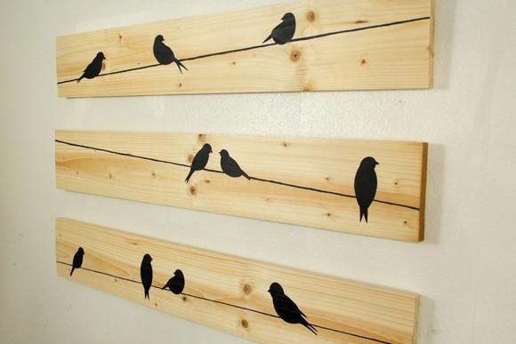 Trio de Placas em Madeira Pássaros no Fio