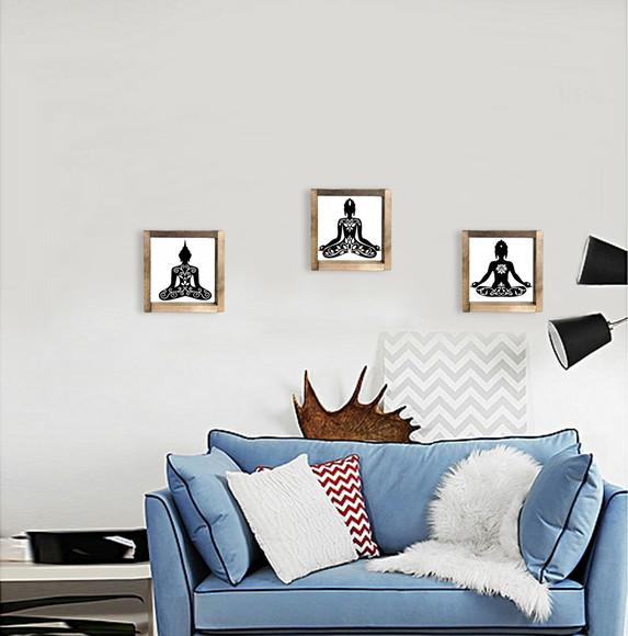Trio de Quadros Pintado Madeira Zen Buda Meditando