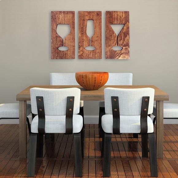 Trio Placas Madeira Taças Decoração Bar Área Gourmet