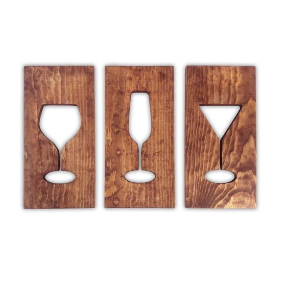 Trio Placas Madeira Taças Decoração Bar Área Gourmet