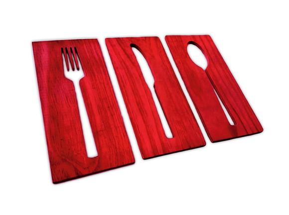 Trio Placas Talheres Vazados Madeira Decoração Gourmet