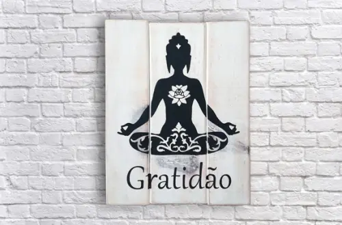 Placa Decorativa Rústica Ripas Madeira Gratidão Buda Zen