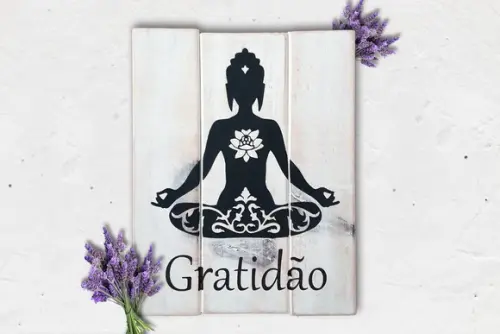 Placa Decorativa Rústica Ripas Madeira Gratidão Buda Zen