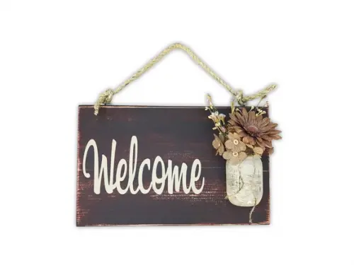 Placa Decorativa Rústica Welcome com Vasinho