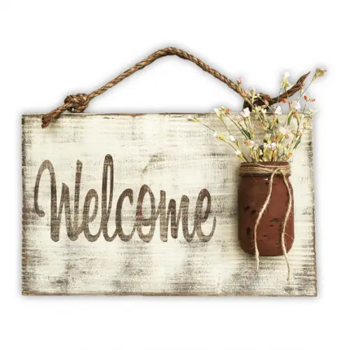 Placa Decorativa Rústica Welcome com Vasinho