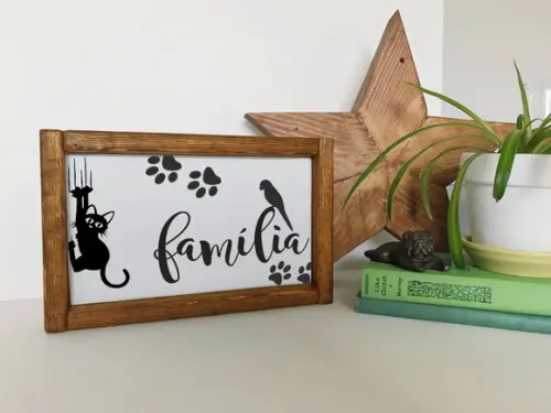 Quadro Rústico Madeira Pintado Família Pet Cachorro Gato
