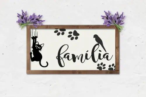 Quadro Rústico Madeira Pintado Família Pet Cachorro Gato