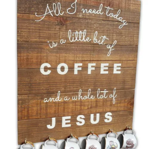 Super Painel Porta Xícaras Rústico Madeira Coffee & Jesus