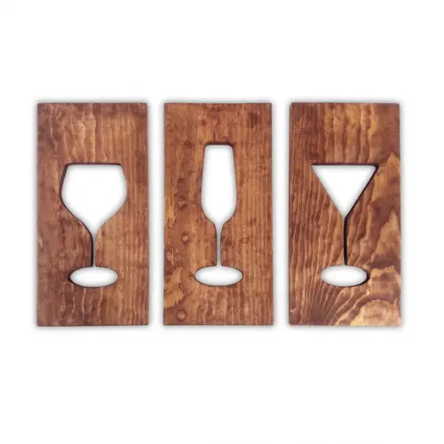 Trio Placas Madeira Taças Decoração Bar Área Gourmet