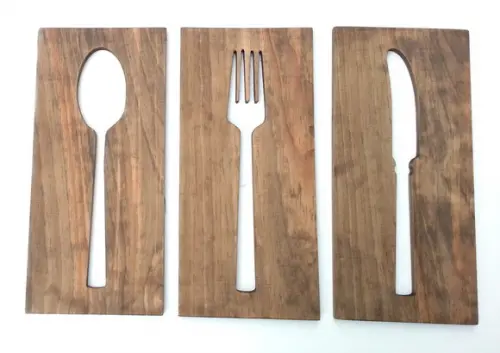 Trio Placas Talheres Vazados Madeira Decoração Gourmet
