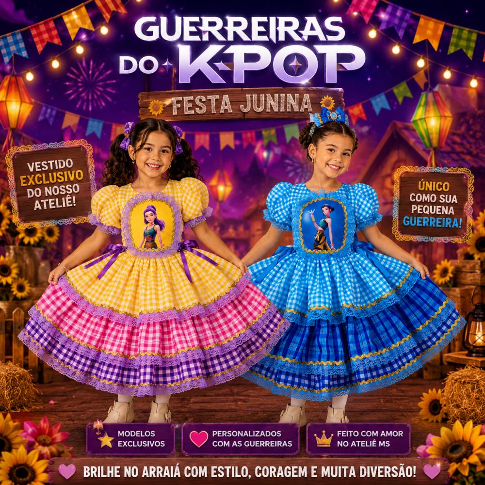 vestido de Festa Junina infantil exclusivo das Guerreiras do kpop