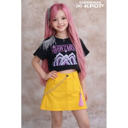 Fantasia Mira Guerreiras do K-pop Infantil com saia amarela – Huntrix - KPop Demon Hunters