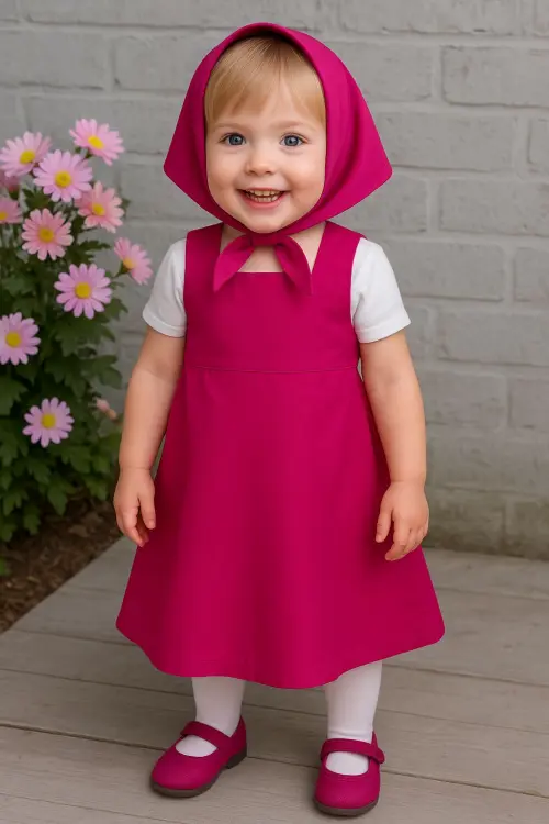 Vestido Infantil Masha e o Urso Modelo Trapézio Igual ao da Personagem + Lenço – Fantasia Festa