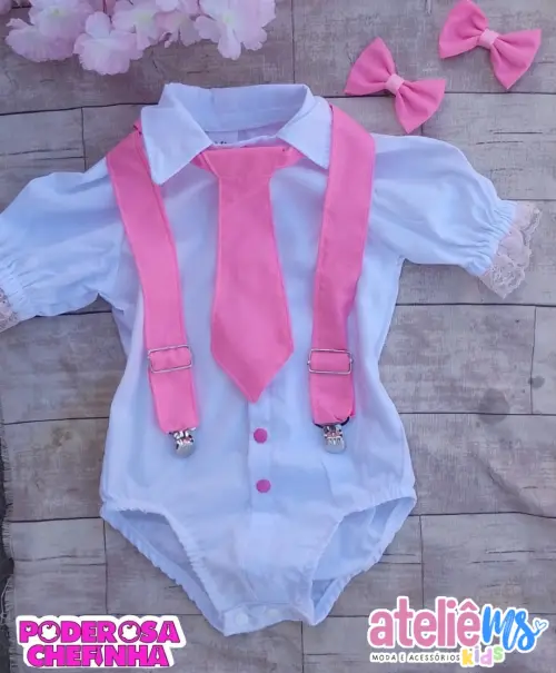 Bory Infantil Poderosa Chefinha com Gravata, Suspensório Rosa