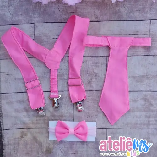 Bory Infantil Poderosa Chefinha com Gravata, Suspensório Rosa