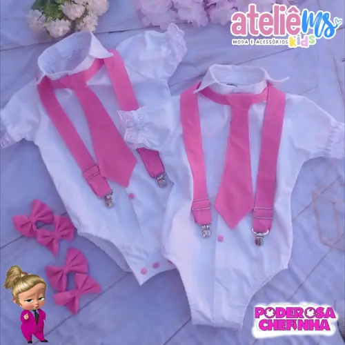 Bory Infantil Poderosa Chefinha com Gravata, Suspensório Rosa