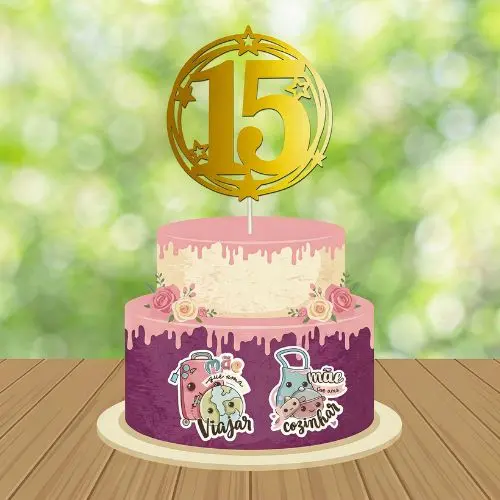 Topo de Bolo 15 Anos Dourado Arquivo Digital PNG PDF Studio, Decoração Elegante para Festa Quinze Anos, Cake Topper Luxo