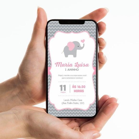 Convite Digital Elefantinha Rosa + Cinza com Estampa Chevron