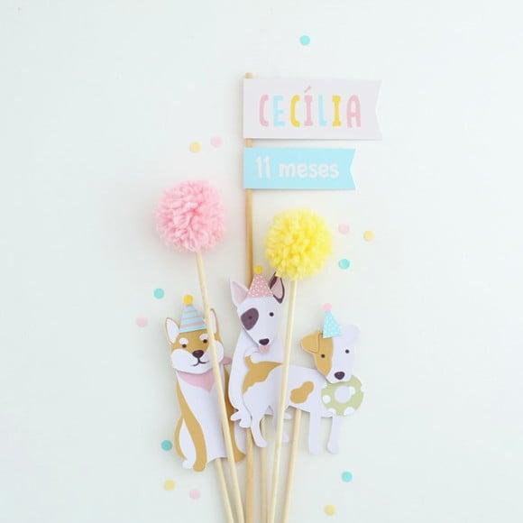 Topo de Bolo Cachorrinhos - Rosa, Azul e Amarelo