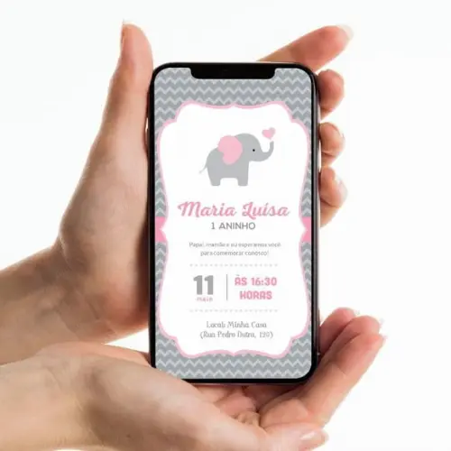 Convite Digital Elefantinha Rosa + Cinza com Estampa Chevron