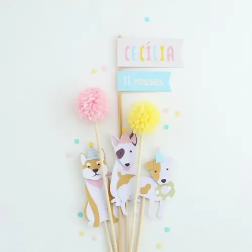 Topo de Bolo Cachorrinhos - Rosa, Azul e Amarelo