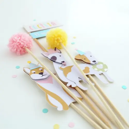 Topo de Bolo Cachorrinhos - Rosa, Azul e Amarelo