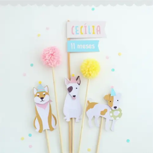 Topo de Bolo Cachorrinhos - Rosa, Azul e Amarelo
