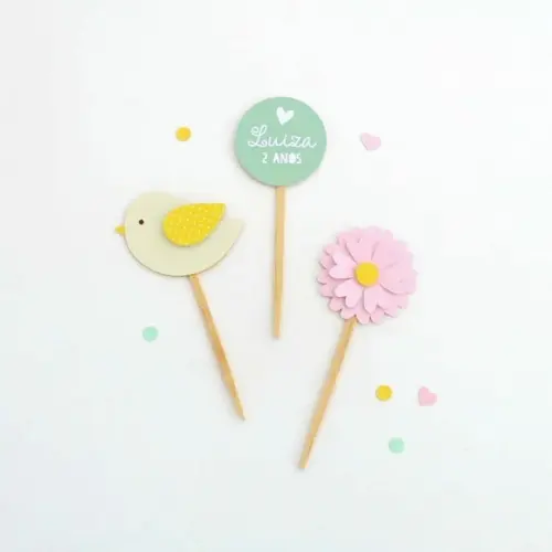 Topper para Doces - Passarinho Jardim - Candy Color (12 Un)