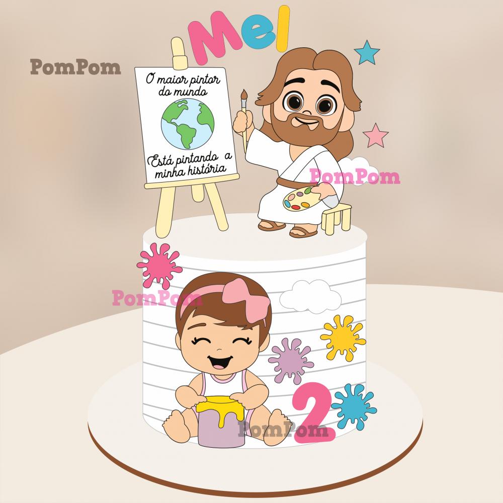 Topo de Bolo jesus Pintor do Mundo  MeninaArquivo de Corte Silhou