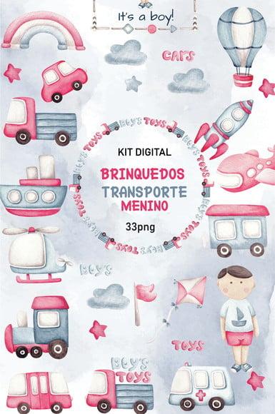 Kit Digital Brinquedos Transporte Menino Aquarela