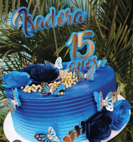 Topo de Bolo 15 Anos Azul com Flores
