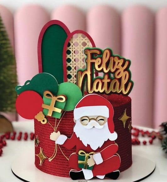Topo de Bolo Feliz Natal Papai Noel Sentado