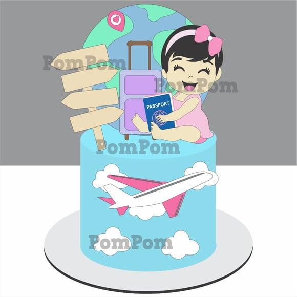 Topo de Bolo Mesversário Viagem Menina Viajante