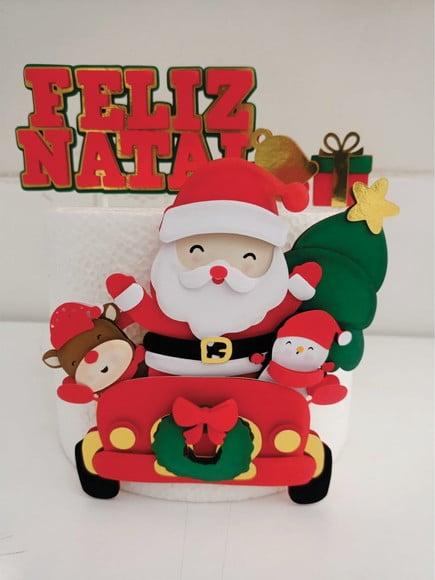 Topo de Bolo Natal Papai Noel no Carrinho