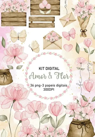Kit Digital Amor e Flor Aquarela
