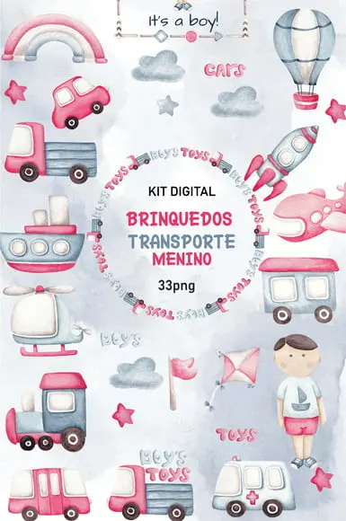 Kit Digital Brinquedos Transporte Menino Aquarela