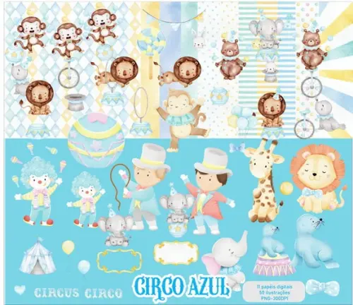 Kit Digital Circo Azul Aquarela