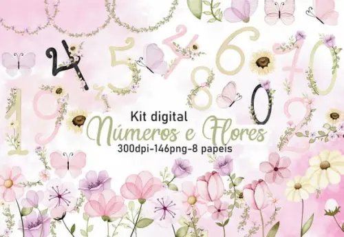 Kit Digital Números e Flores Aquarela