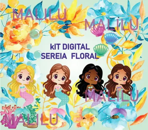 Kit Digital Sereia Floral Aquarela