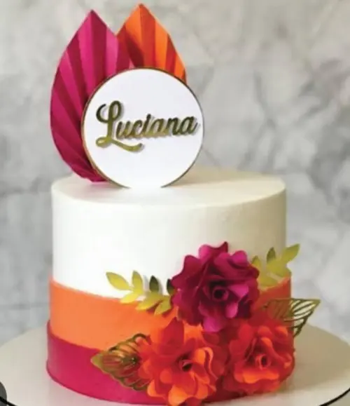 Topo de Bolo Folha Plissada com Flores Arquivo de Corte