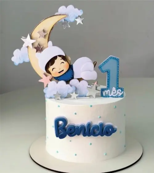 Topo de Bolo Mesversário Menino na Lua