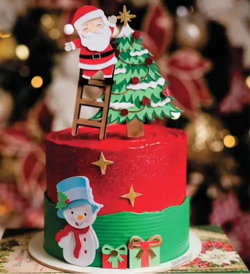 Topo de Bolo Natal Papai Noel na Arvore Boneco de Neve