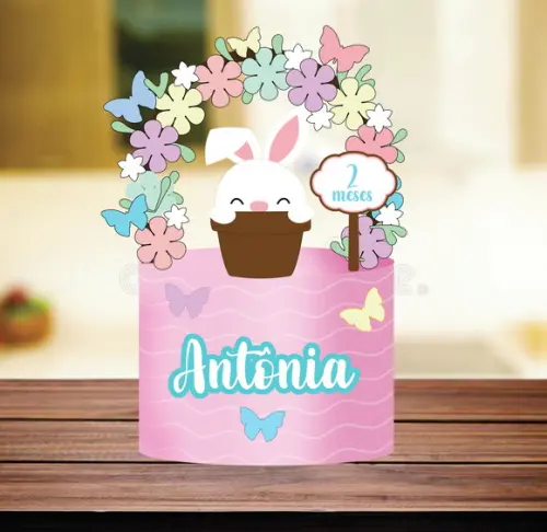 Topo de Bolo Páscoa Coelhinha com Arco de Flores