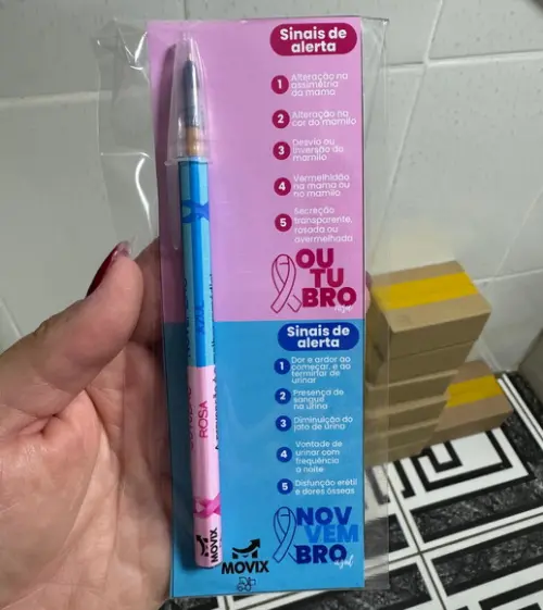 Caneta com Card Outubro Rosa e Novembro Azul