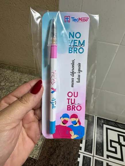 Caneta com Card Brinde Outubro Rosa e Novembro Azul