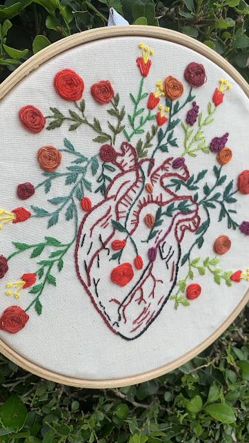 Bordado em Bastidor - Coração humano com flores