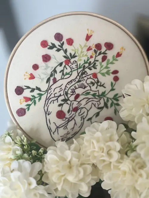 Bordado em Bastidor - Coração humano com flores