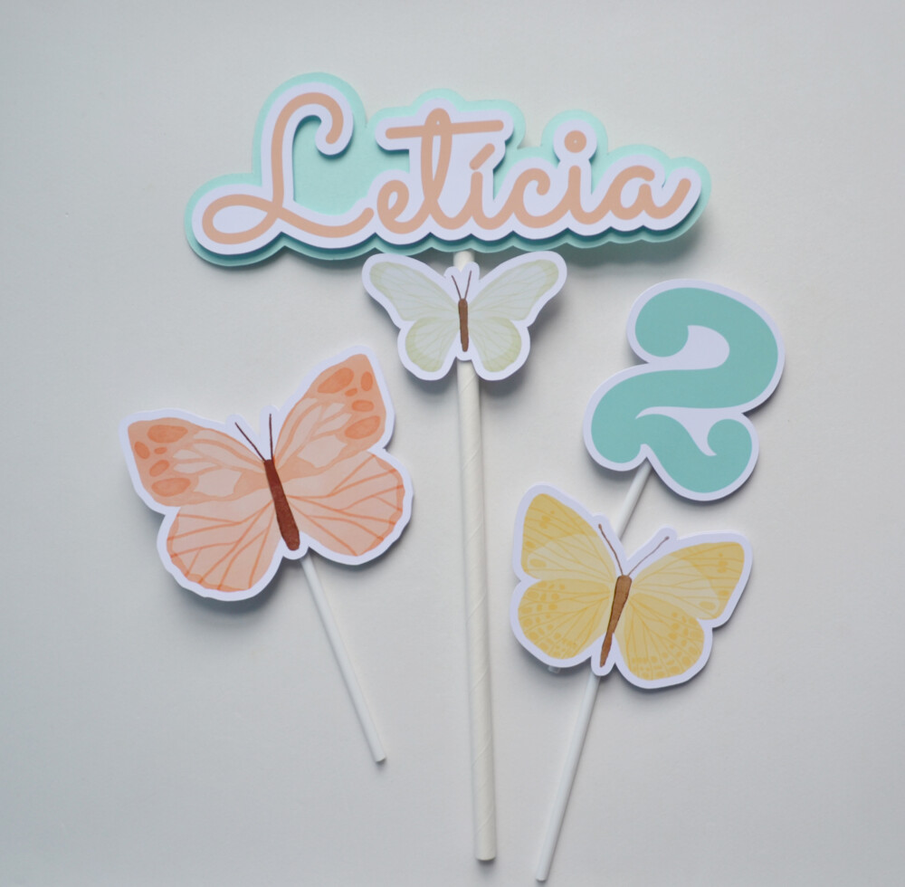 Topo de Bolo Borboletas Personalizado | Decoração Floral