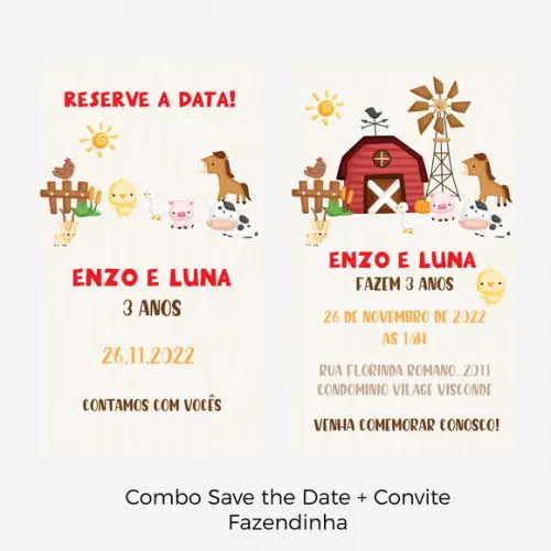 Convite + Save The Date Virtuais - Fazendinha