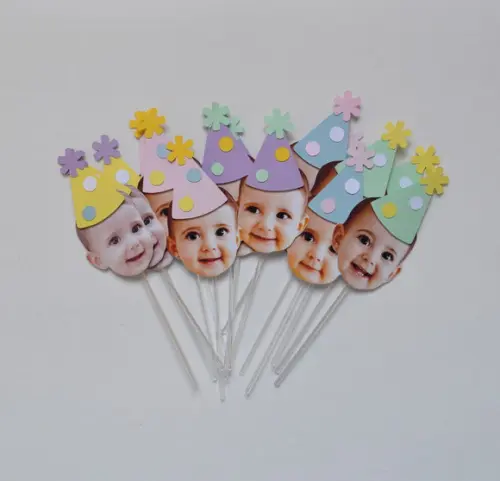 Topper Rostinho c/ Chapéu Cores Candy - 12 Unidades